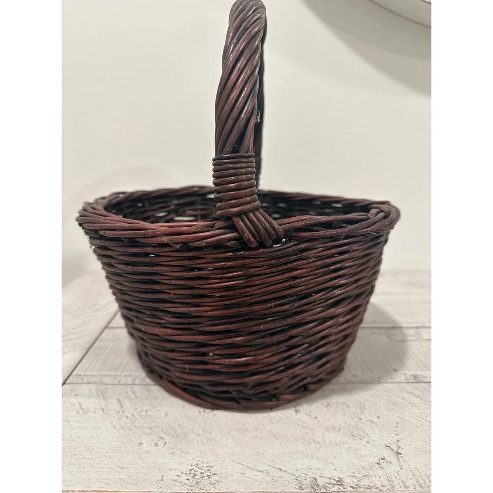 Dark Brown Woven Wicker Basket with Twisted Handle Round Decorative Storage